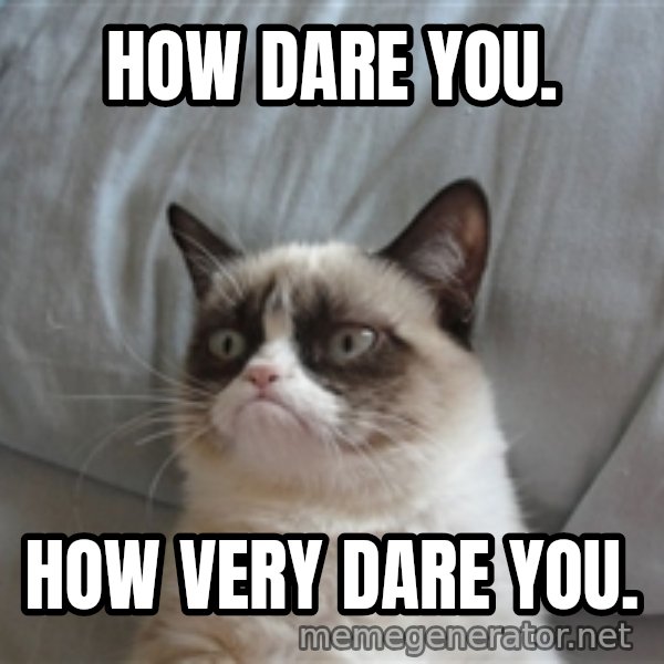 Grumpy cat 5 meme: HOW DARE YOU. / HOW VERY DARE YOU.
