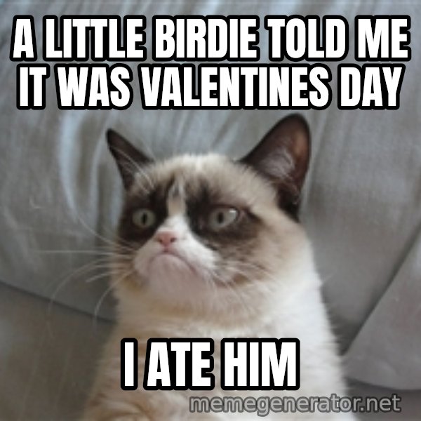 Grumpy cat 5 meme: a little birdie told me it was valentines day / I ate him